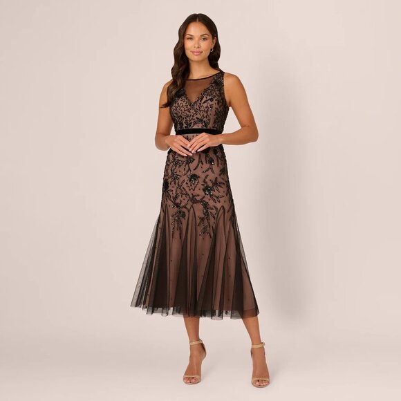 illusion neckline beaded dress in black rosegold LaDivine CD695 Beaded Long Formal Mermaid Sequin Corse Prom Dress